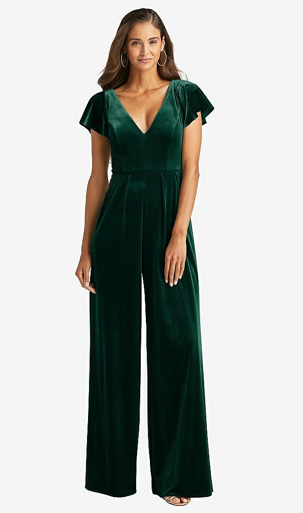 Front View - Evergreen Flutter Sleeve Velvet Jumpsuit with Pockets