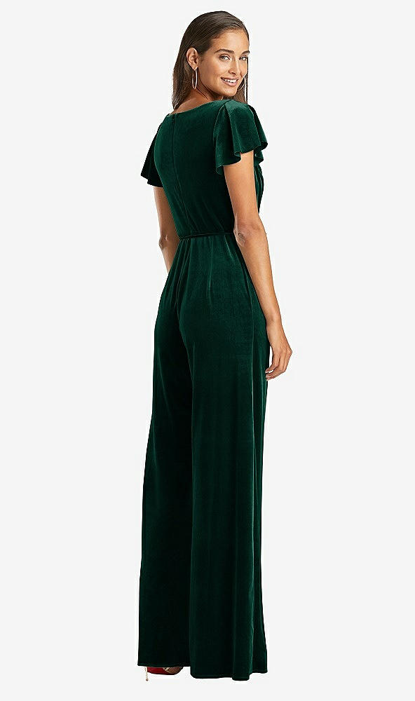 Back View - Evergreen Flutter Sleeve Velvet Jumpsuit with Pockets