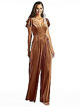 Alt View 1 Thumbnail - Golden Almond Flutter Sleeve Velvet Jumpsuit with Pockets