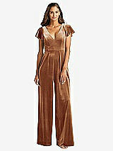 Front View Thumbnail - Golden Almond Flutter Sleeve Velvet Jumpsuit with Pockets