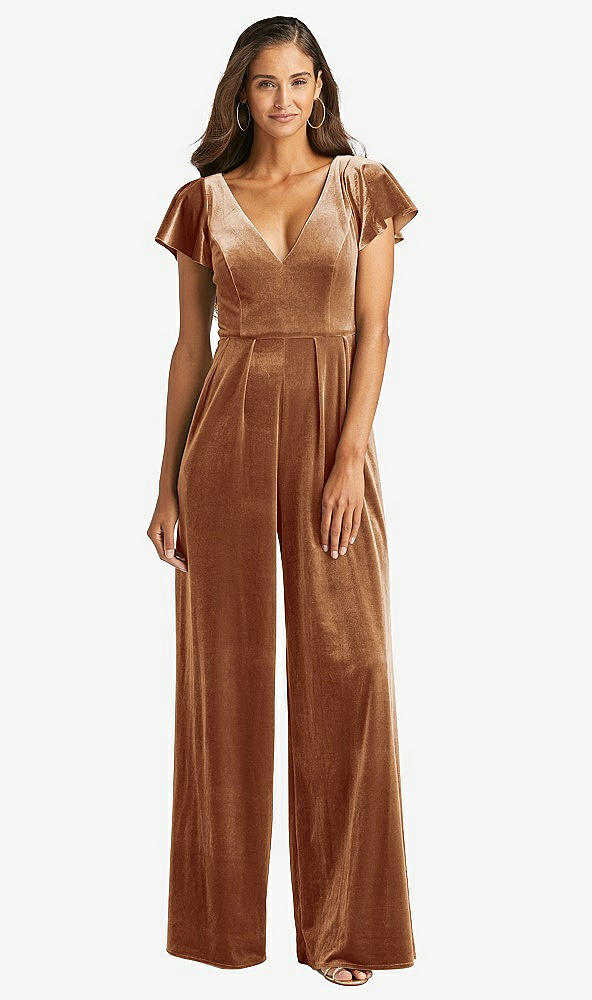 Front View - Golden Almond Flutter Sleeve Velvet Jumpsuit with Pockets