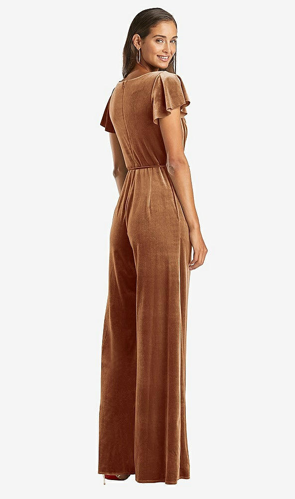 Back View - Golden Almond Flutter Sleeve Velvet Jumpsuit with Pockets