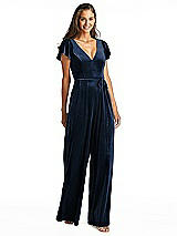 Alt View 1 Thumbnail - Midnight Navy Flutter Sleeve Velvet Jumpsuit with Pockets