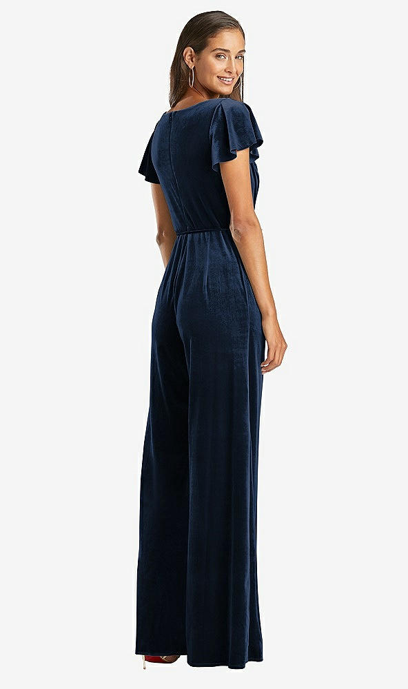 Back View - Midnight Navy Flutter Sleeve Velvet Jumpsuit with Pockets