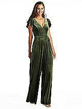 Alt View 1 Thumbnail - Olive Green Flutter Sleeve Velvet Jumpsuit with Pockets