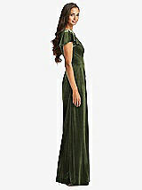 Side View Thumbnail - Olive Green Flutter Sleeve Velvet Jumpsuit with Pockets