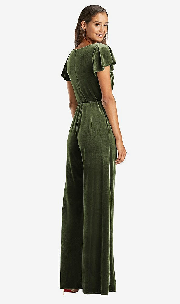 Back View - Olive Green Flutter Sleeve Velvet Jumpsuit with Pockets