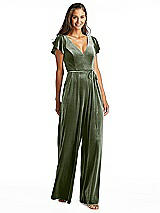 Alt View 1 Thumbnail - Sage Flutter Sleeve Velvet Jumpsuit with Pockets