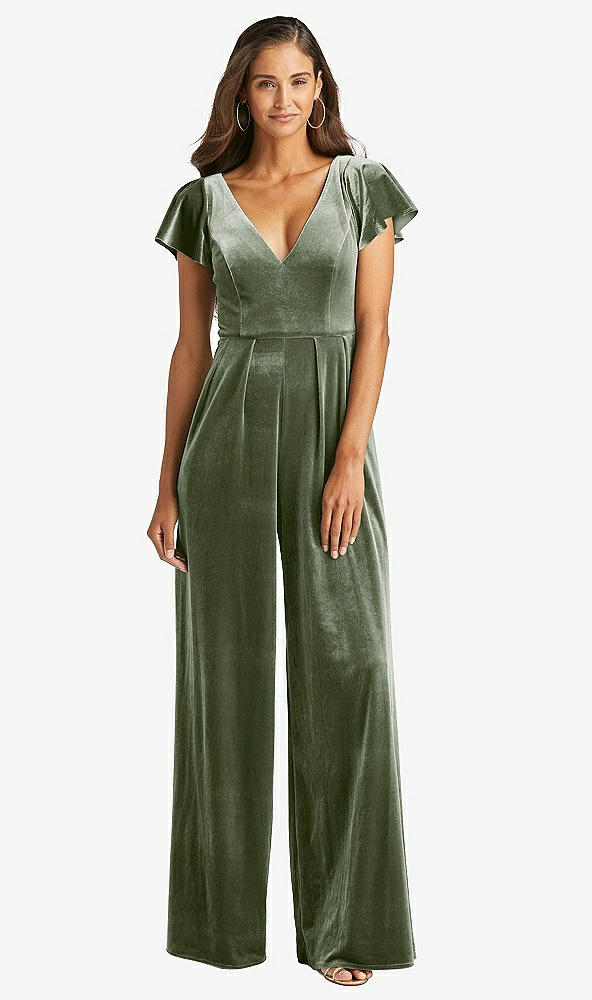 Front View - Sage Flutter Sleeve Velvet Jumpsuit with Pockets