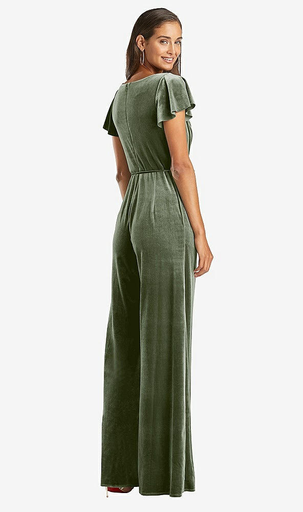 Back View - Sage Flutter Sleeve Velvet Jumpsuit with Pockets