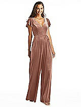 Alt View 1 Thumbnail - Tawny Rose Flutter Sleeve Velvet Jumpsuit with Pockets