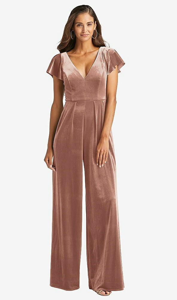 Front View - Tawny Rose Flutter Sleeve Velvet Jumpsuit with Pockets