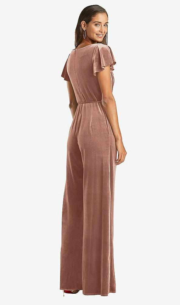 Back View - Tawny Rose Flutter Sleeve Velvet Jumpsuit with Pockets