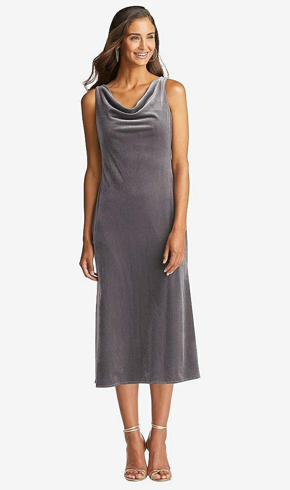 Front View - Caviar Gray Cowl-Neck Velvet Midi Tank Dress - Rowan