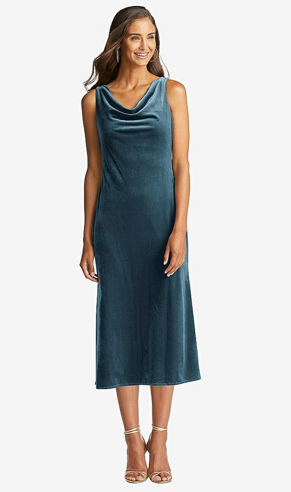 Front View - Dutch Blue Cowl-Neck Velvet Midi Tank Dress - Rowan