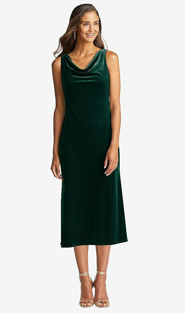 Front View - Evergreen Cowl-Neck Velvet Midi Tank Dress - Rowan