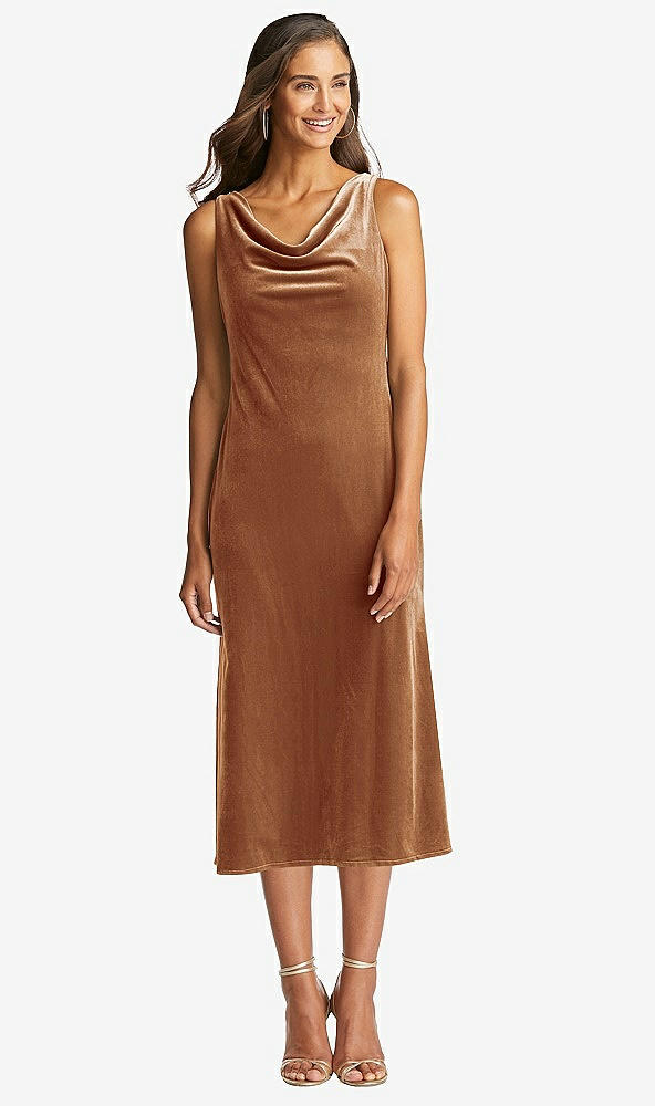 Front View - Golden Almond Cowl-Neck Velvet Midi Tank Dress - Rowan