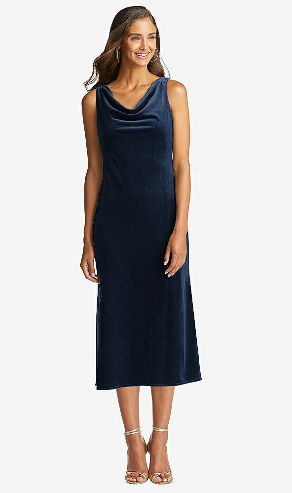 Front View - Midnight Navy Cowl-Neck Velvet Midi Tank Dress - Rowan