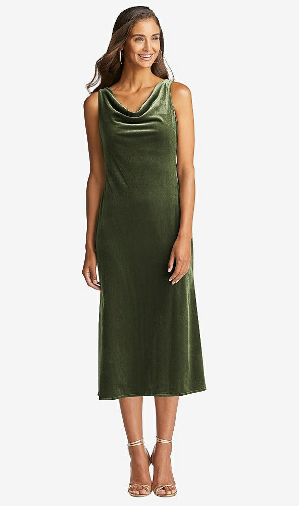 Front View - Olive Green Cowl-Neck Velvet Midi Tank Dress - Rowan