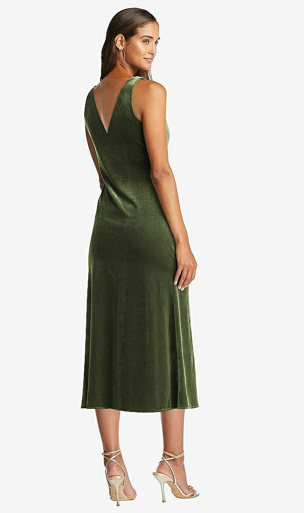 Back View - Olive Green Cowl-Neck Velvet Midi Tank Dress - Rowan