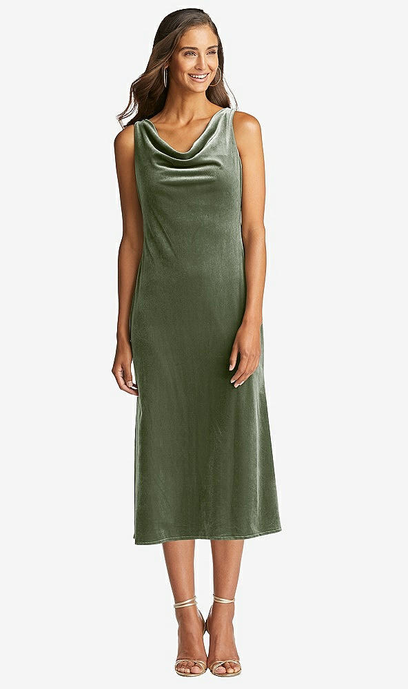 Front View - Sage Cowl-Neck Velvet Midi Tank Dress - Rowan