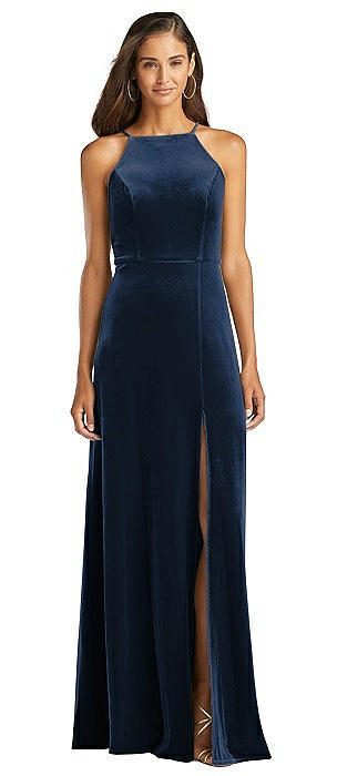 Velvet Halter Maxi Dress with Front Slit - Harper