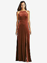 Front View Thumbnail - Auburn Moon Velvet Halter Maxi Dress with Front Slit - Harper