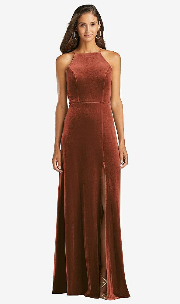 Front View - Auburn Moon Velvet Halter Maxi Dress with Front Slit - Harper