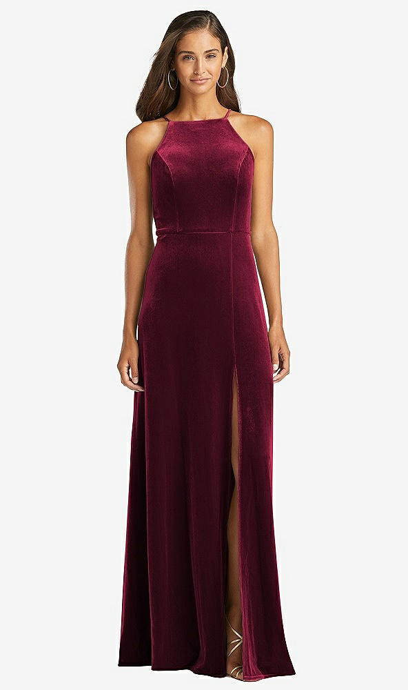 Front View - Cabernet Velvet Halter Maxi Dress with Front Slit - Harper