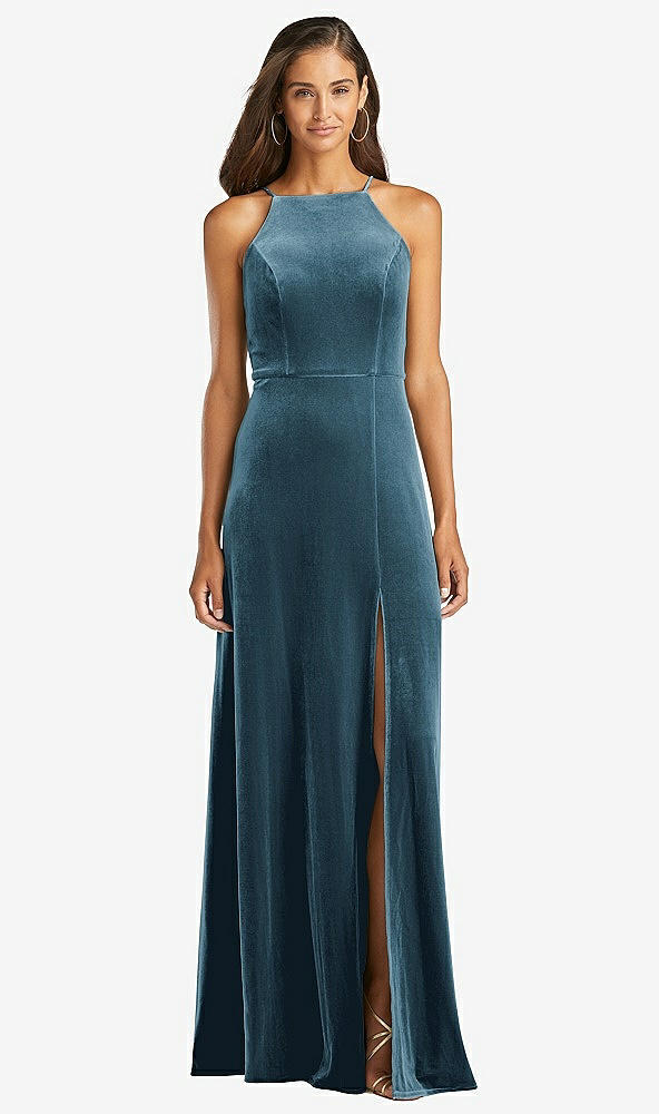 Front View - Dutch Blue Velvet Halter Maxi Dress with Front Slit - Harper