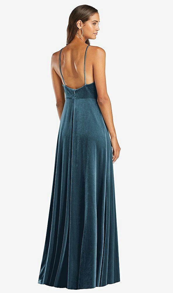 Back View - Dutch Blue Velvet Halter Maxi Dress with Front Slit - Harper