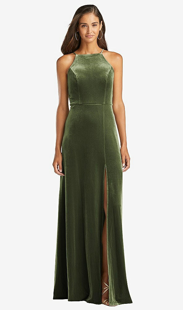 Front View - Olive Green Velvet Halter Maxi Dress with Front Slit - Harper