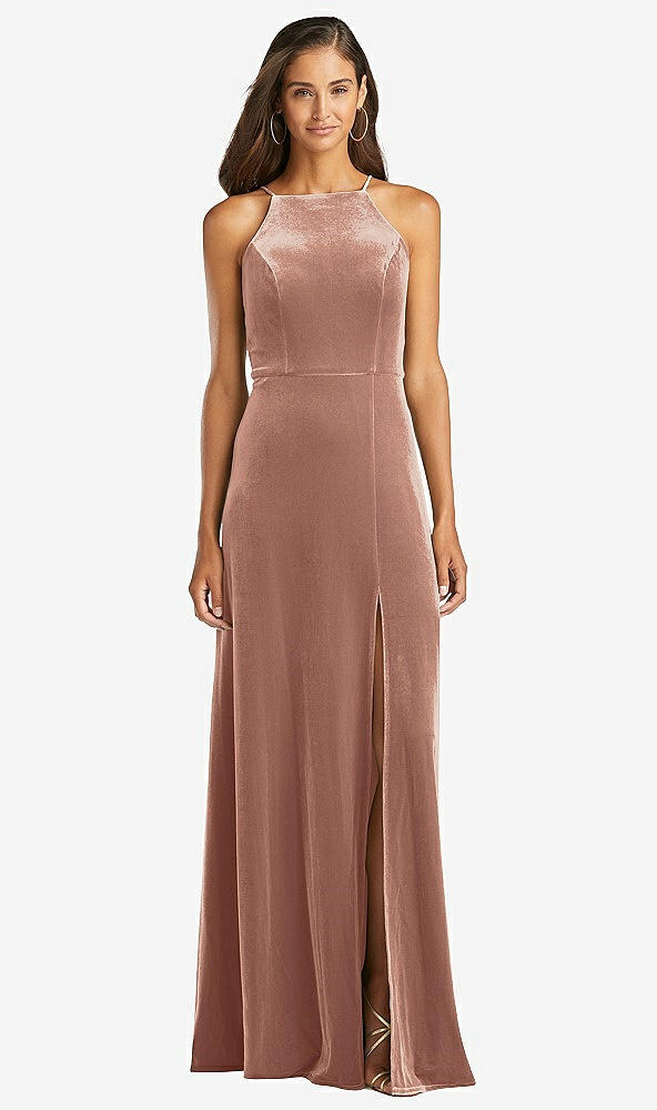 Front View - Tawny Rose Velvet Halter Maxi Dress with Front Slit - Harper