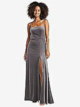 Front View Thumbnail - Caviar Gray Square Neck Velvet Maxi Dress with Front Slit - Drew