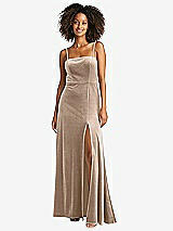 Front View Thumbnail - Topaz Square Neck Velvet Maxi Dress with Front Slit - Drew