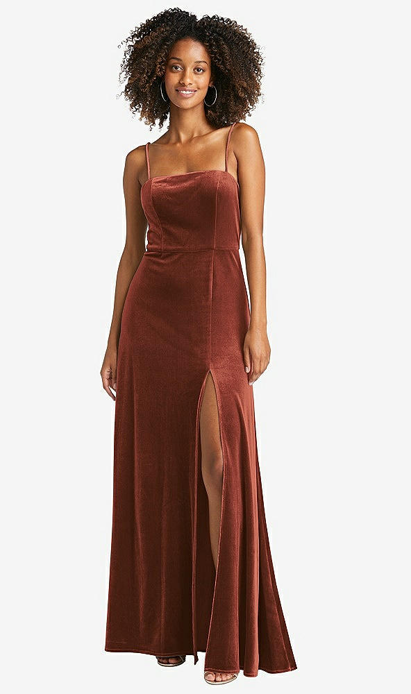 Front View - Auburn Moon Square Neck Velvet Maxi Dress with Front Slit - Drew