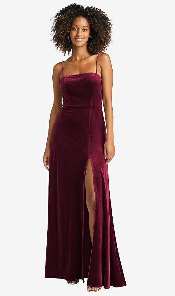 Front View - Cabernet Square Neck Velvet Maxi Dress with Front Slit - Drew