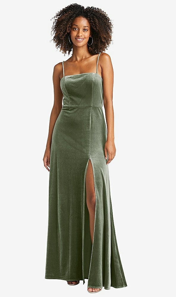 Front View - Sage Square Neck Velvet Maxi Dress with Front Slit - Drew