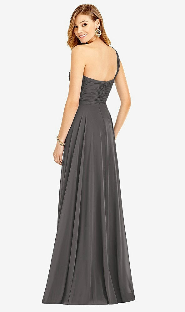 Back View - Caviar Gray One-Shoulder Draped Chiffon Maxi Dress - Dani