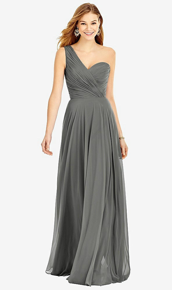 Front View - Charcoal Gray One-Shoulder Draped Chiffon Maxi Dress - Dani