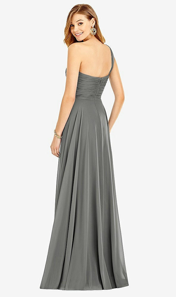 Back View - Charcoal Gray One-Shoulder Draped Chiffon Maxi Dress - Dani