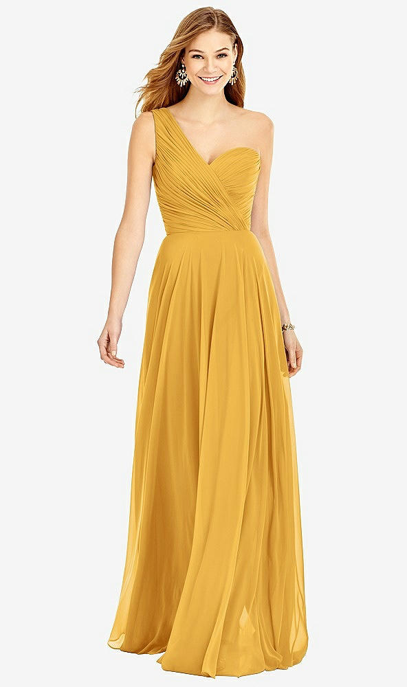 Front View - NYC Yellow One-Shoulder Draped Chiffon Maxi Dress - Dani