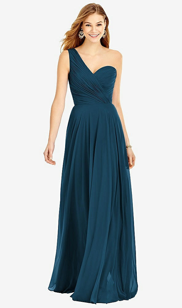 Front View - Atlantic Blue One-Shoulder Draped Chiffon Maxi Dress - Dani