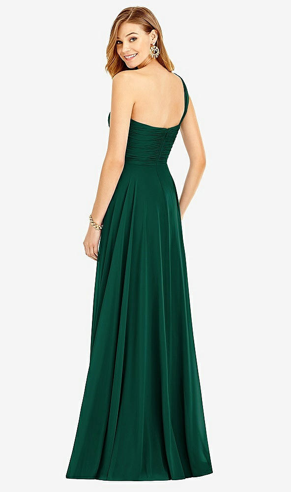 Back View - Hunter Green One-Shoulder Draped Chiffon Maxi Dress - Dani