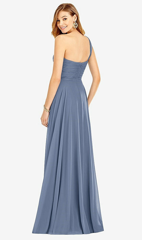 Back View - Larkspur Blue One-Shoulder Draped Chiffon Maxi Dress - Dani