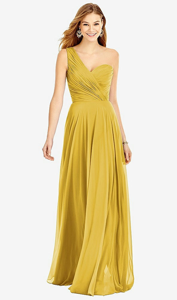 Front View - Marigold One-Shoulder Draped Chiffon Maxi Dress - Dani