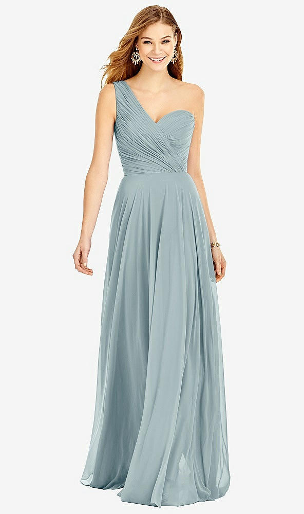 Front View - Morning Sky One-Shoulder Draped Chiffon Maxi Dress - Dani