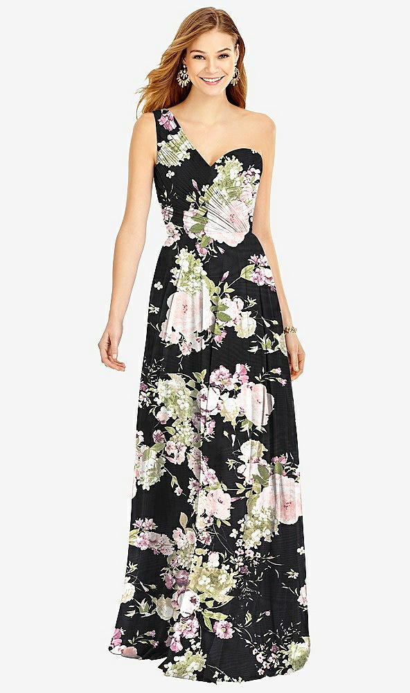 Front View - Noir Garden One-Shoulder Draped Chiffon Maxi Dress - Dani