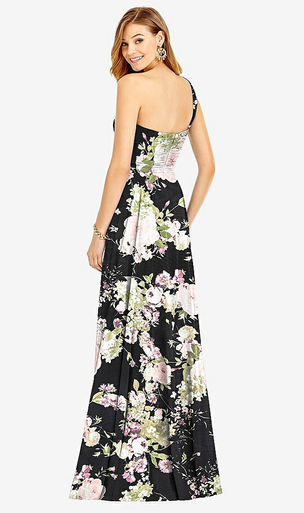 Back View - Noir Garden One-Shoulder Draped Chiffon Maxi Dress - Dani