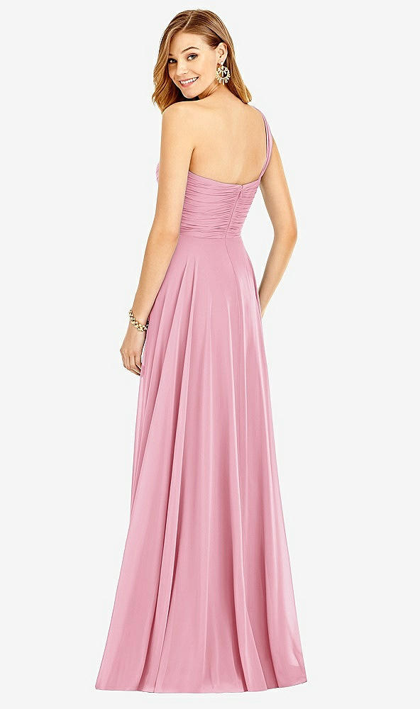 Back View - Peony Pink One-Shoulder Draped Chiffon Maxi Dress - Dani